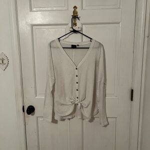 Out from Under (UO) JoJowhite knit top with button and tie details 🤍